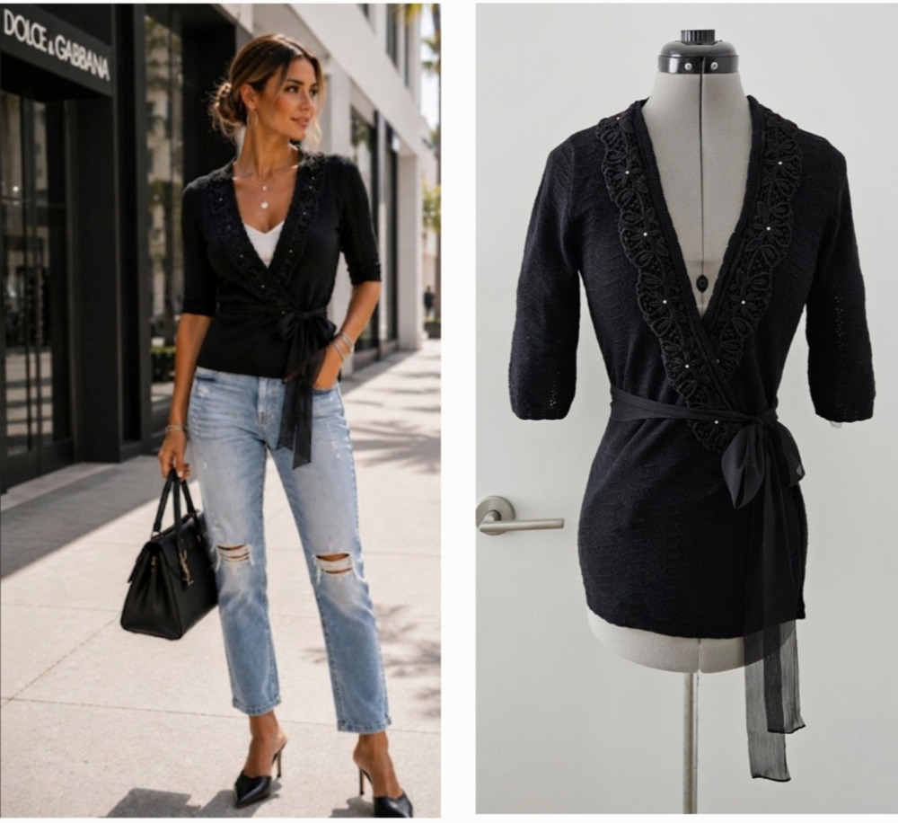 D&G DOLCE & GABBANA Italy embellished-details knit wrap-top cardi sweater 4/6 S